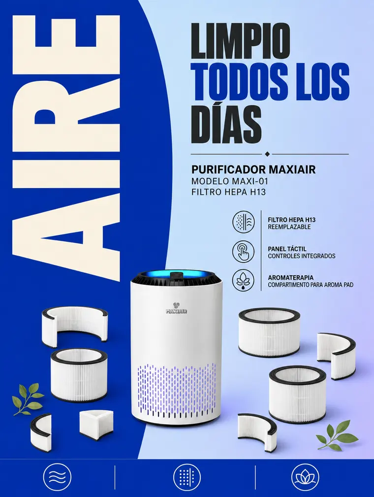 Banner «Aire limpio todos los días» con el MAXI-01 y cartuchos de filtro de repuesto.