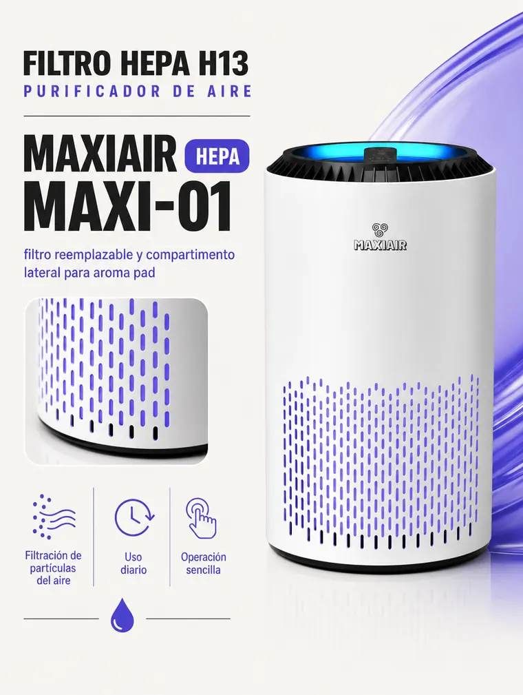 Banner de MAXIAIR con el purificador MAXI-01 y el detalle de la rejilla inferior.