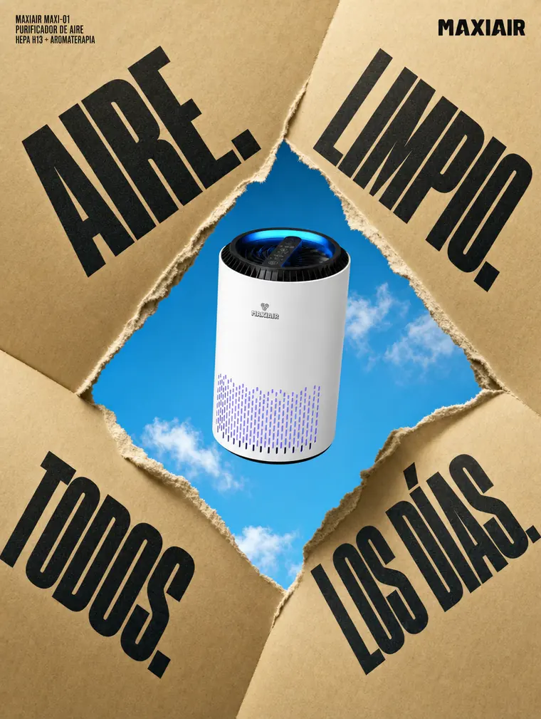 Banner «Aire. Limpio. Todos. Los días.» con el MAXI-01 sobre papel rasgado.