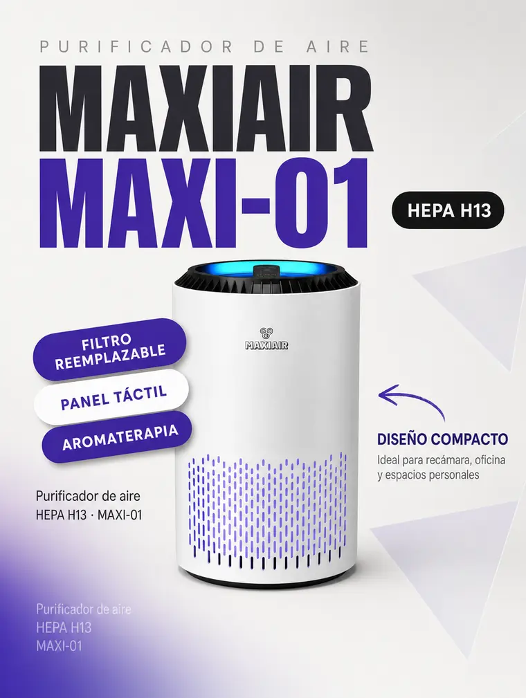 Banner del purificador MAXIAIR MAXI-01 con sus tres características principales.