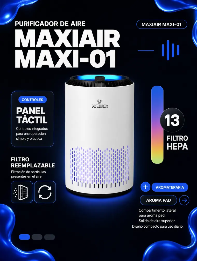 Banner en azul oscuro del MAXI-01 con el panel táctil y el compartimento para aroma pad.