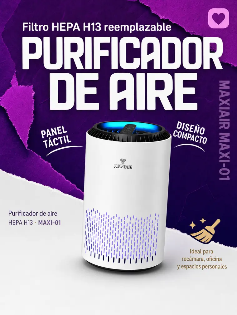 Banner en morado del purificador de aire MAXIAIR MAXI-01.