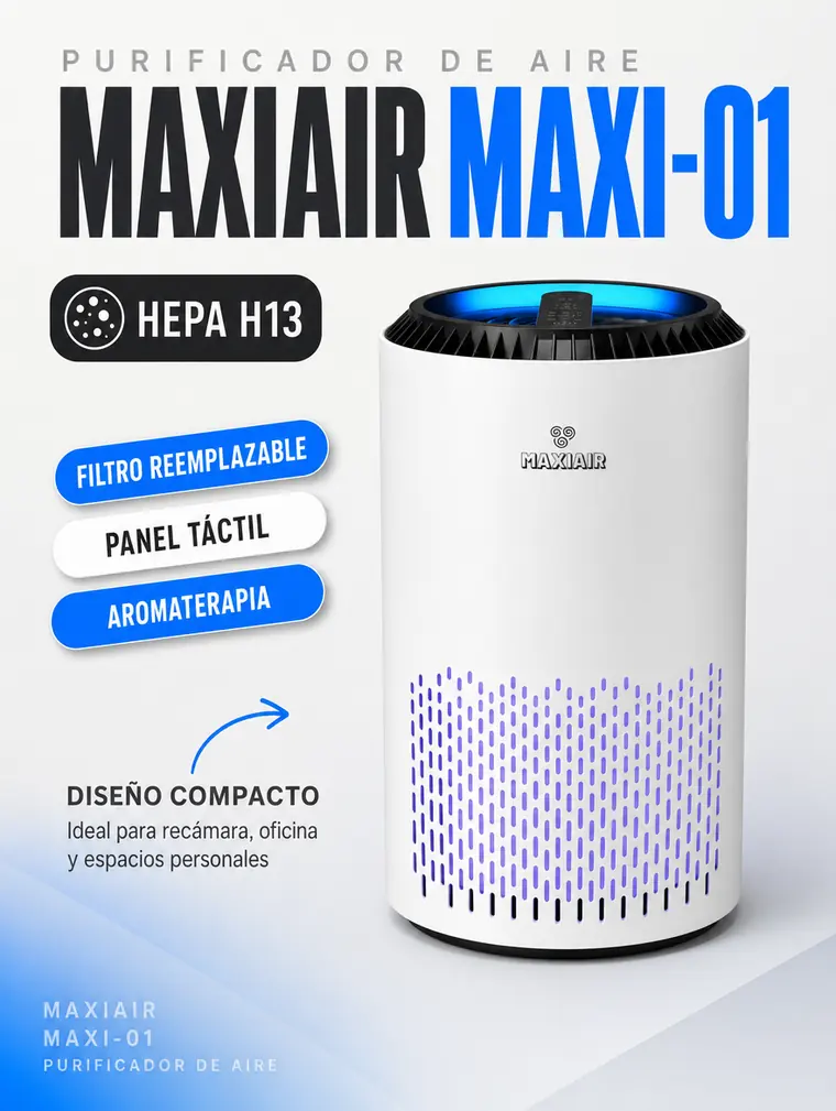 Banner resumen del MAXIAIR MAXI-01 con filtro reemplazable, panel táctil y aromaterapia.